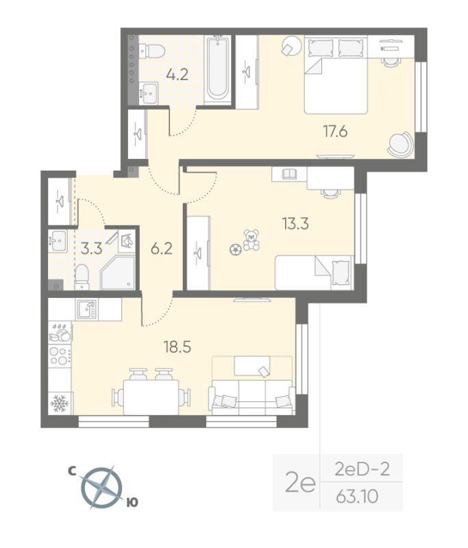 3-комнатная (Евро) квартира, 63.2 м² в ЖК "Пулково Lake" - планировка, фото №1