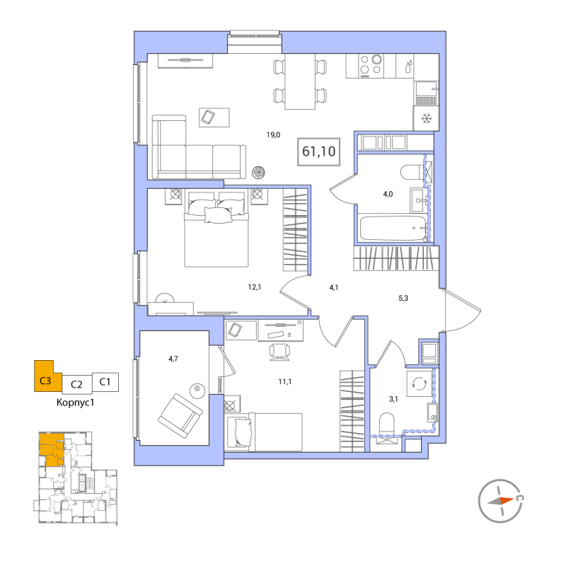 3-комнатная (Евро) квартира, 61.1 м² - планировка, фото №1