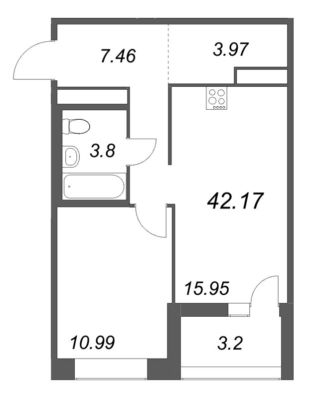 2-комнатная (Евро) квартира, 42.17 м² в ЖК "Ультра Сити 3.0" - планировка, фото №1