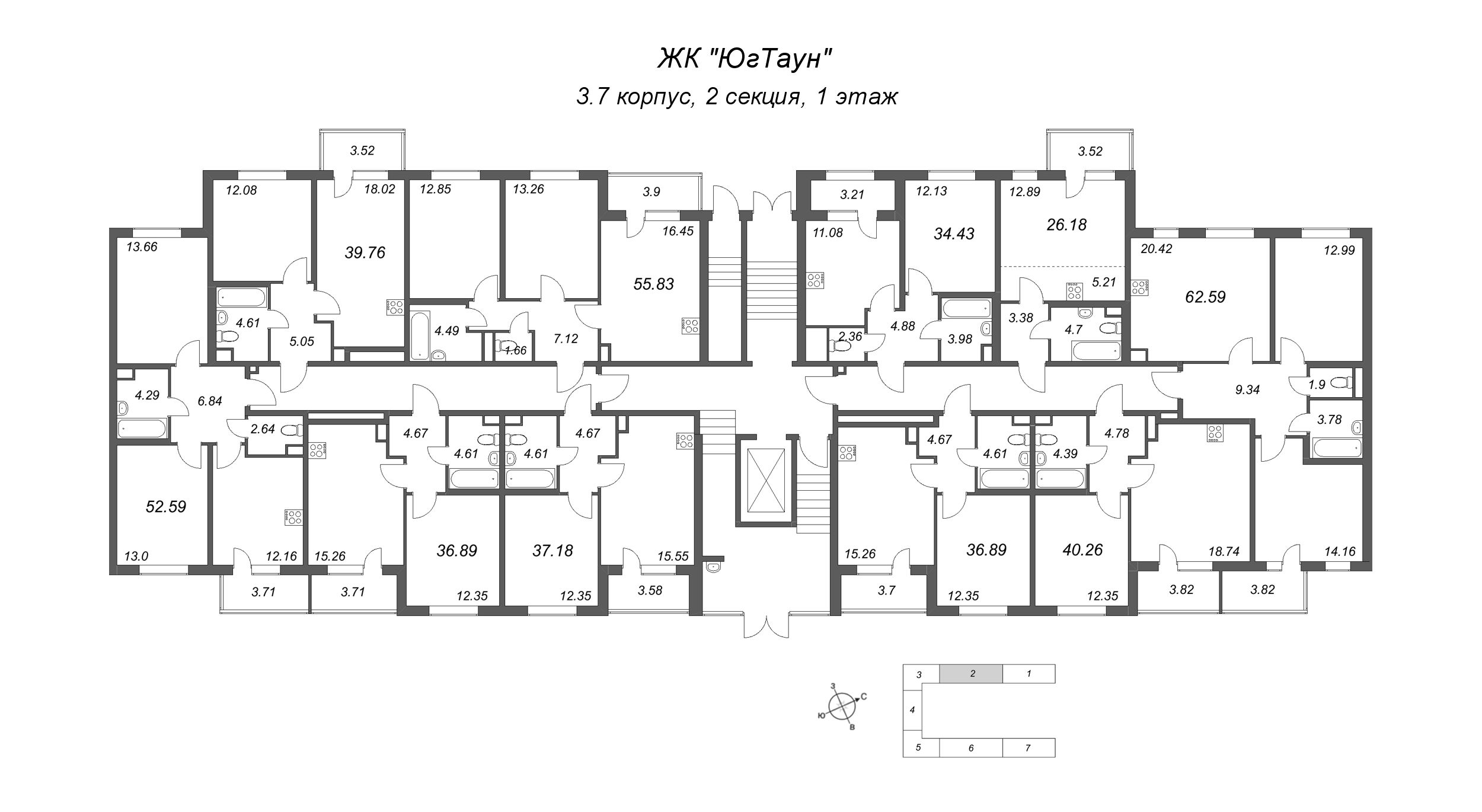 1-комнатная квартира, 34.43 м² в ЖК "ЮгТаун" - планировка этажа