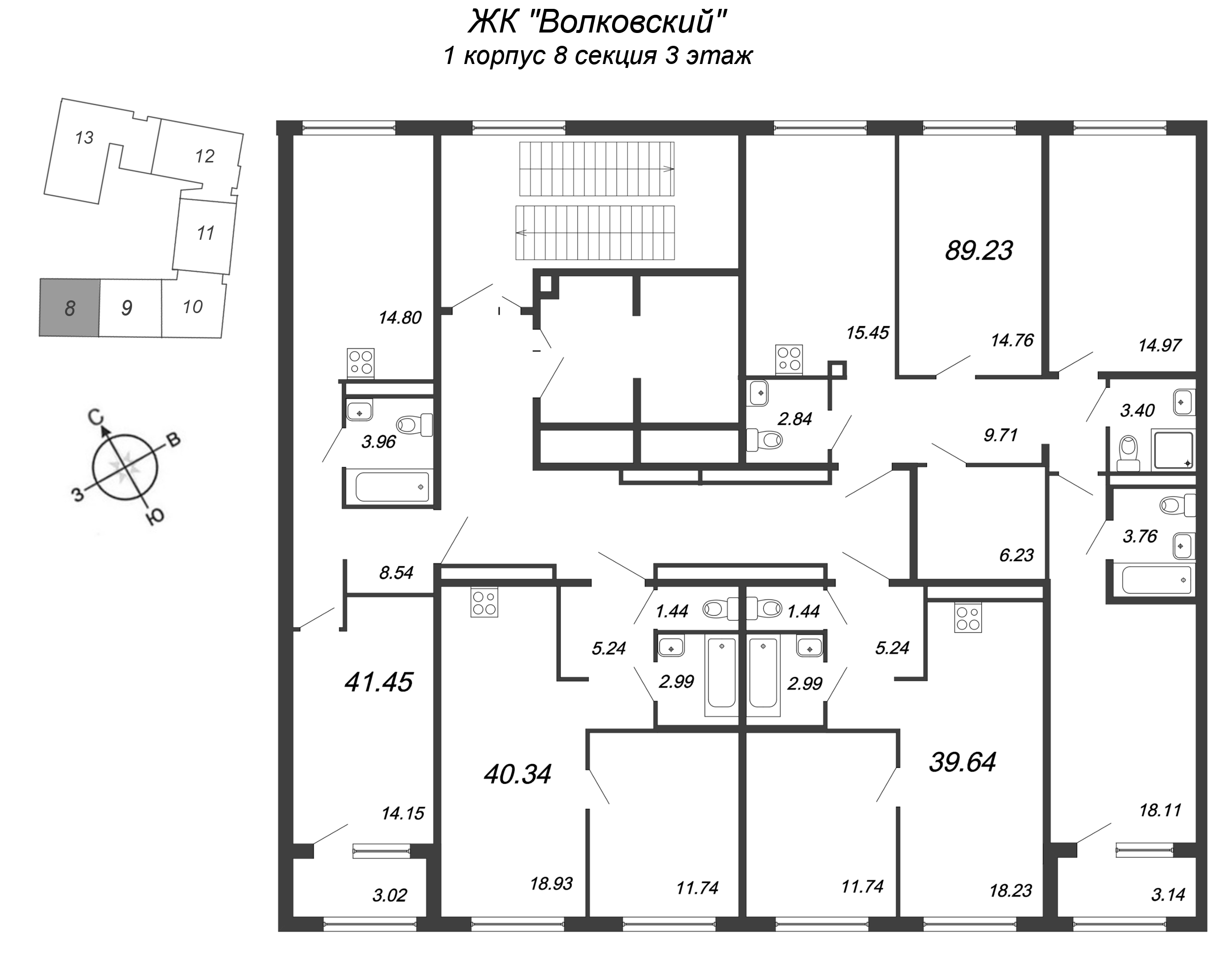 2-комнатная (Евро) квартира, 39.64 м² в ЖК "Волковский" - планировка этажа