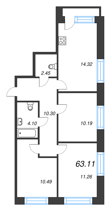 3-комнатная квартира, 63.11 м² в ЖК "Капральский берег" - планировка, фото №1