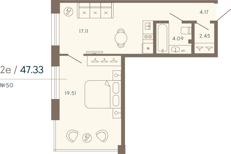2-комнатная (Евро) квартира, 47.33 м² в ЖК "17/33 Петровский остров" - планировка, фото №1