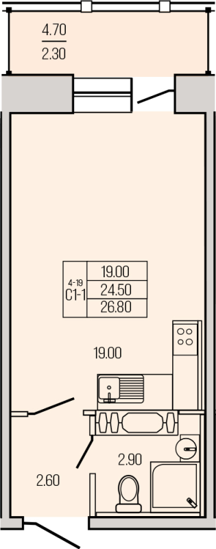 Квартира-студия, 26.8 м² в ЖК "Экос" - планировка, фото №1