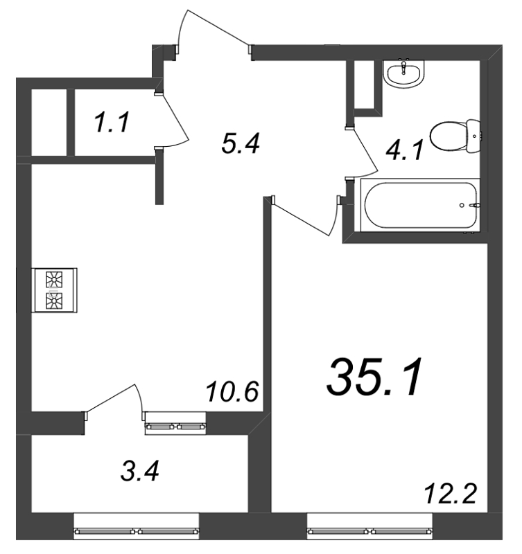 1-комнатная квартира, 35 м² в ЖК "Галактика" - планировка, фото №1