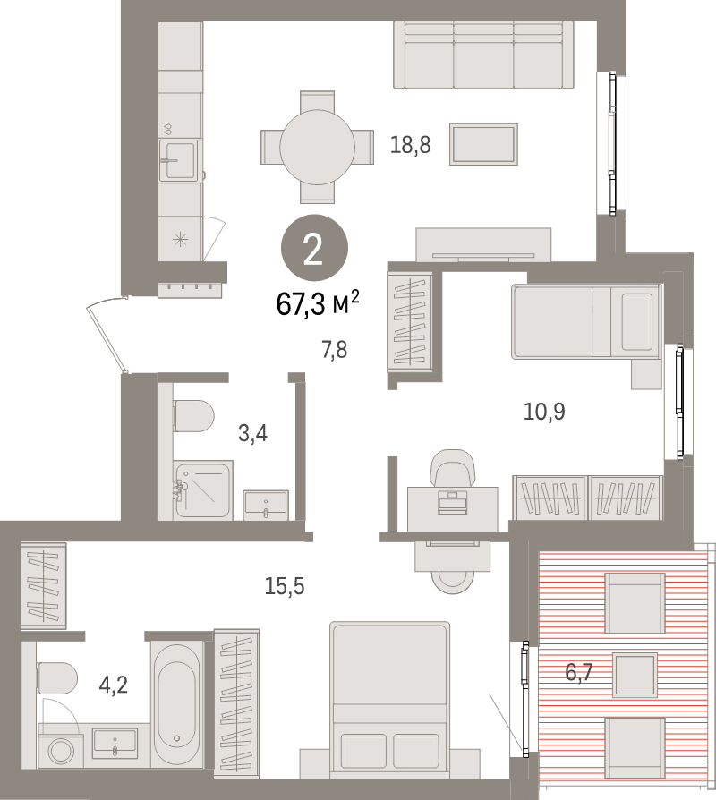 3-комнатная (Евро) квартира, 67.3 м² - планировка, фото №1
