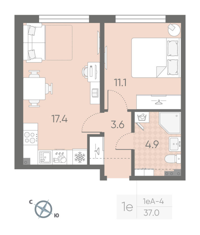 2-комнатная (Евро) квартира, 37 м² в ЖК "Пулково Lake" - планировка, фото №1