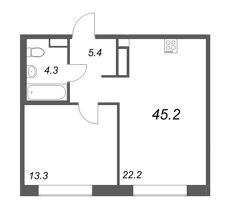 2-комнатная (Евро) квартира, 45.2 м² - планировка, фото №1