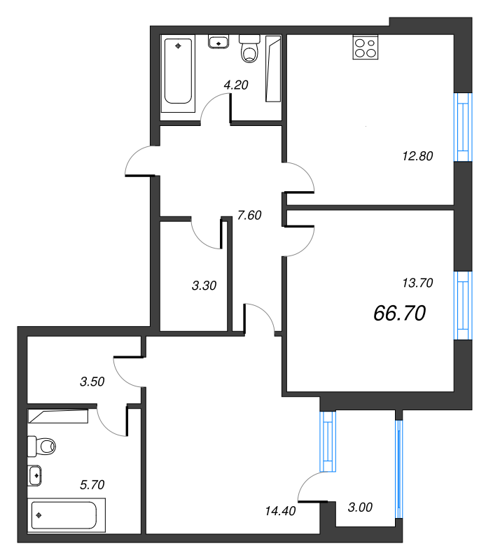 2-комнатная квартира, 66.7 м² - планировка, фото №1