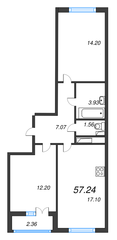 3-комнатная (Евро) квартира, 57.24 м² в ЖК "AEROCITY" - планировка, фото №1