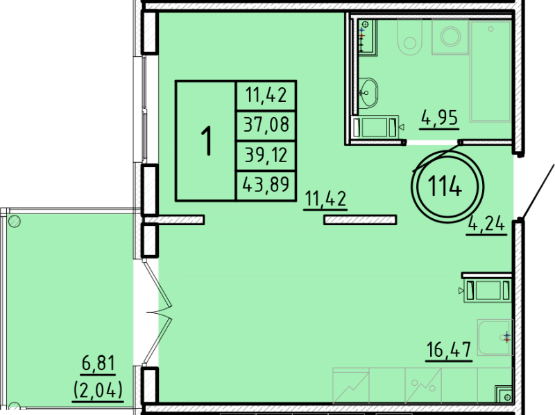 2-комнатная (Евро) квартира, 37.08 м² в ЖК "Образцовый квартал 16" - планировка, фото №1
