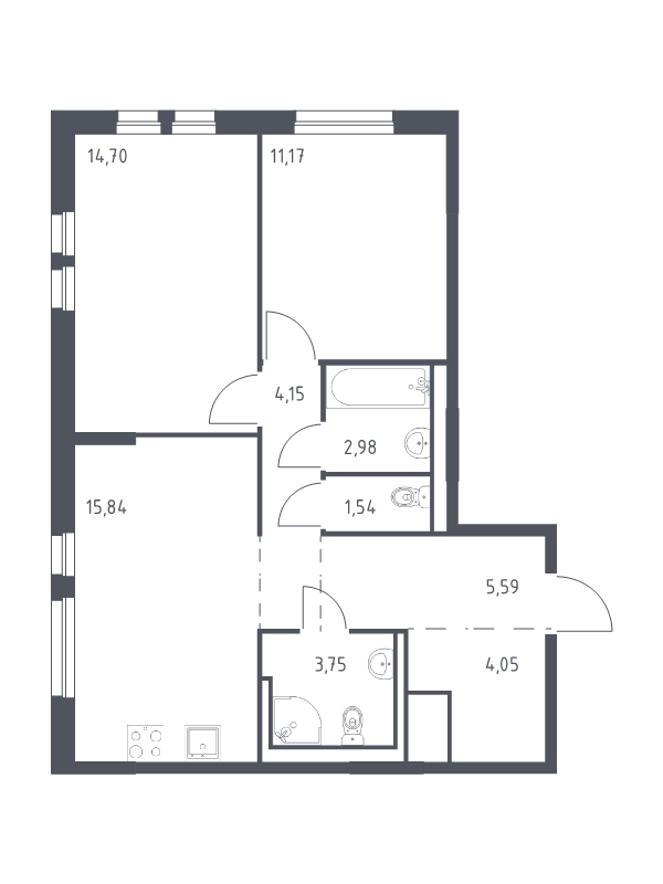 3-комнатная (Евро) квартира, 63.77 м² - планировка, фото №1