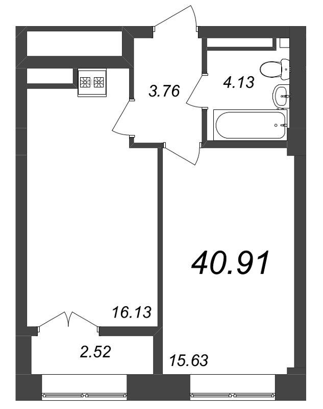 2-комнатная (Евро) квартира, 40.4 м² в ЖК "Neva Residence" - планировка, фото №1