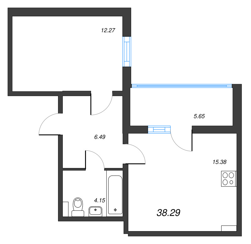 2-комнатная (Евро) квартира, 38.29 м² в ЖК "ПАТИО. Уютный квартал" - планировка, фото №1