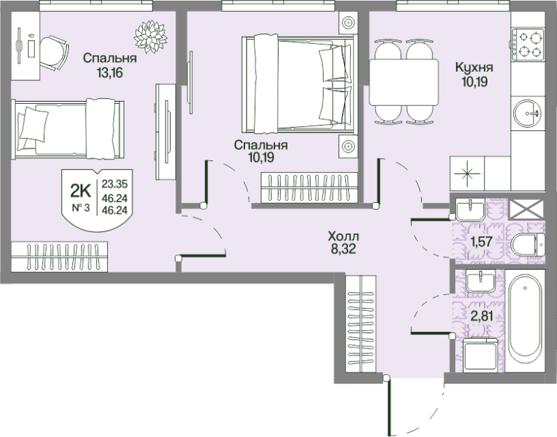 2-комнатная квартира, 46.24 м² в ЖК "Охтинские высоты" - планировка, фото №1