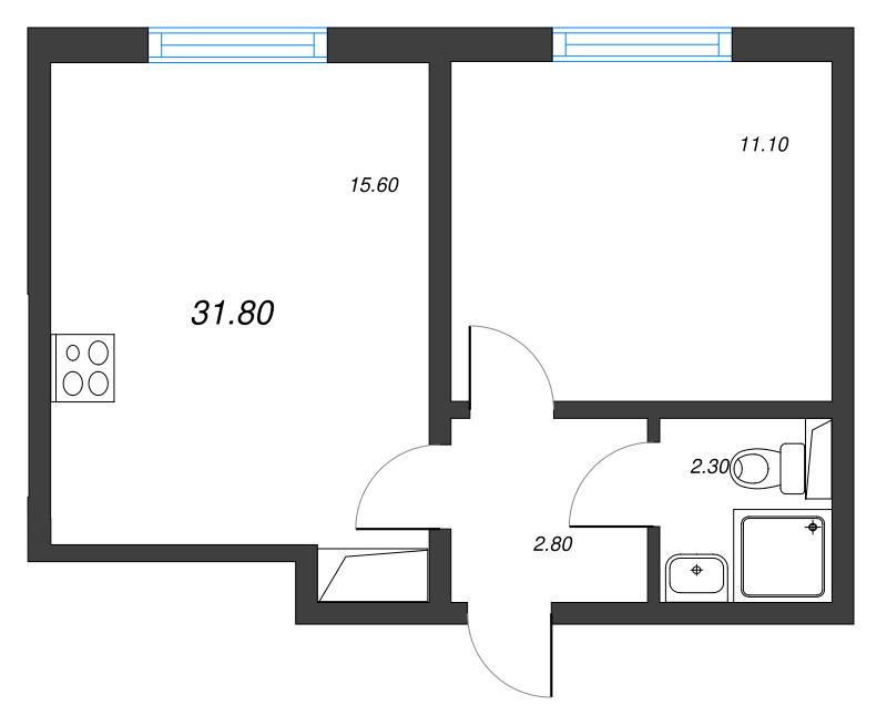 2-комнатная (Евро) квартира, 31.8 м² в ЖК "ЛСР. Ржевский парк" - планировка, фото №1