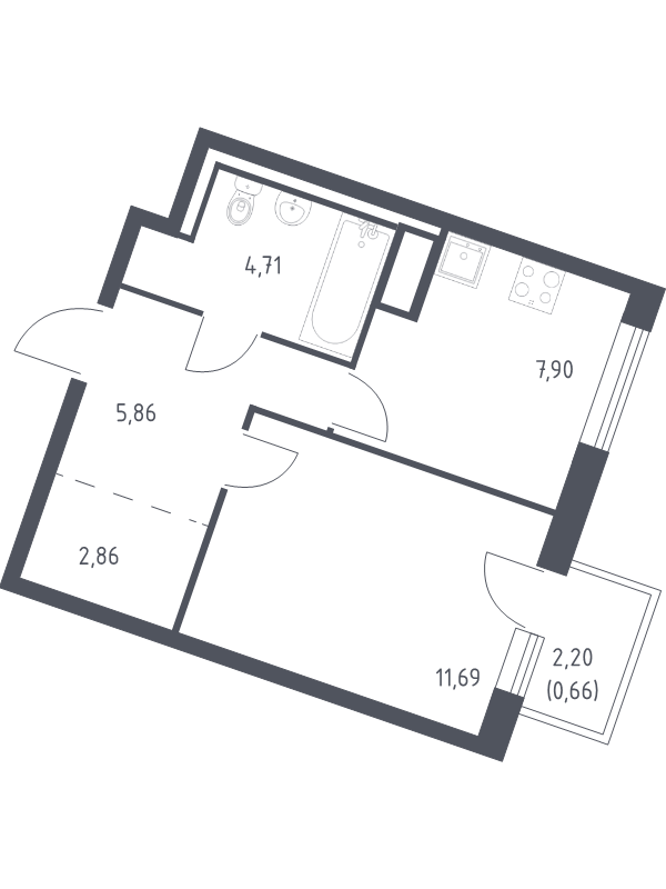 1-комнатная квартира, 33.68 м² в ЖК "Квартал Лаголово" - планировка, фото №1