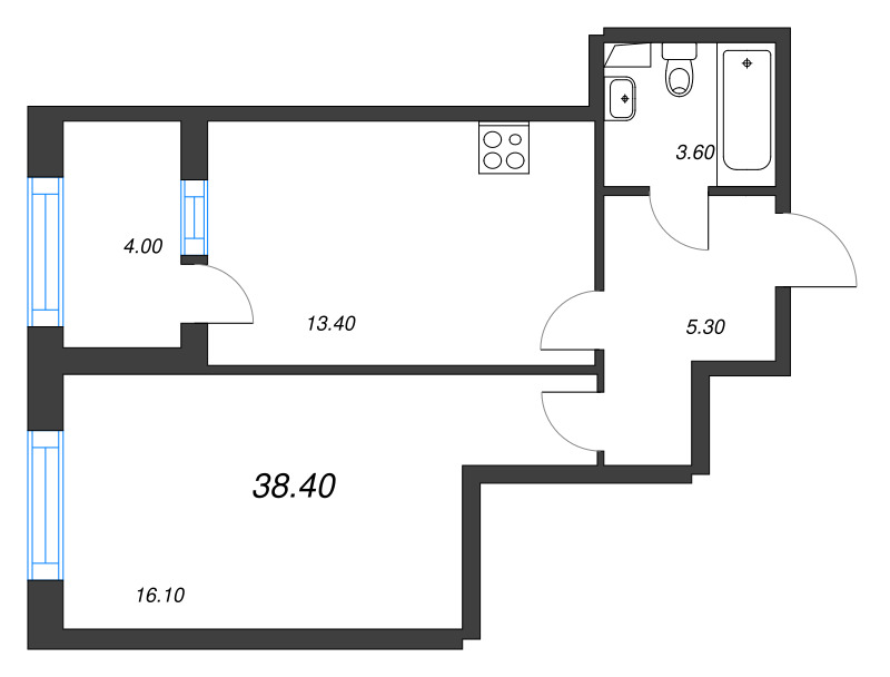 1-комнатная квартира, 38.4 м² в ЖК "ЮгТаун" - планировка, фото №1