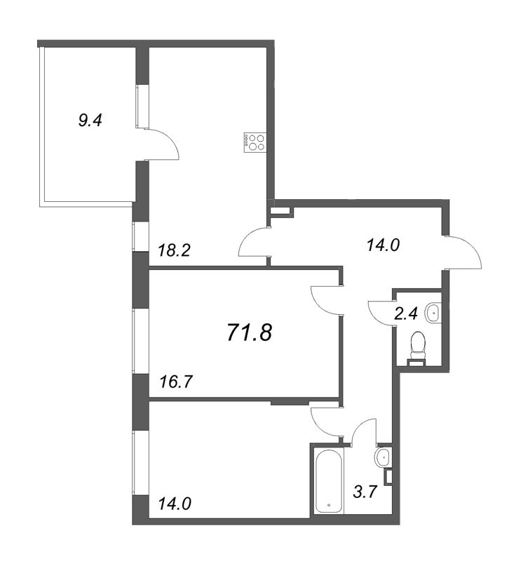 3-комнатная (Евро) квартира, 71.8 м² - планировка, фото №1