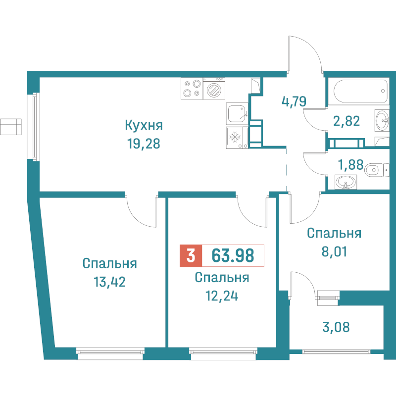 4-комнатная (Евро) квартира, 63.98 м² в ЖК "Графика" - планировка, фото №1