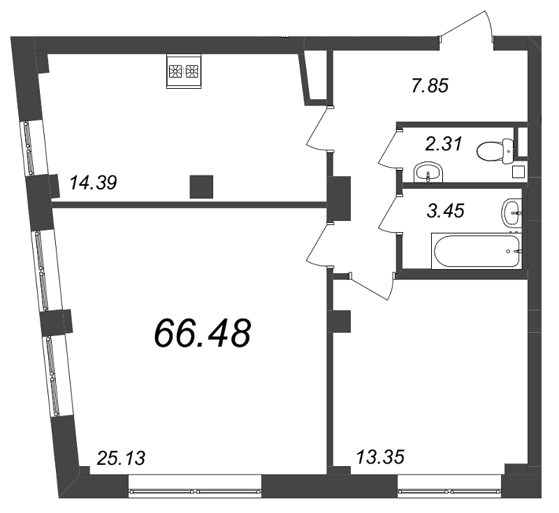 2-комнатная квартира, 66.48 м² - планировка, фото №1