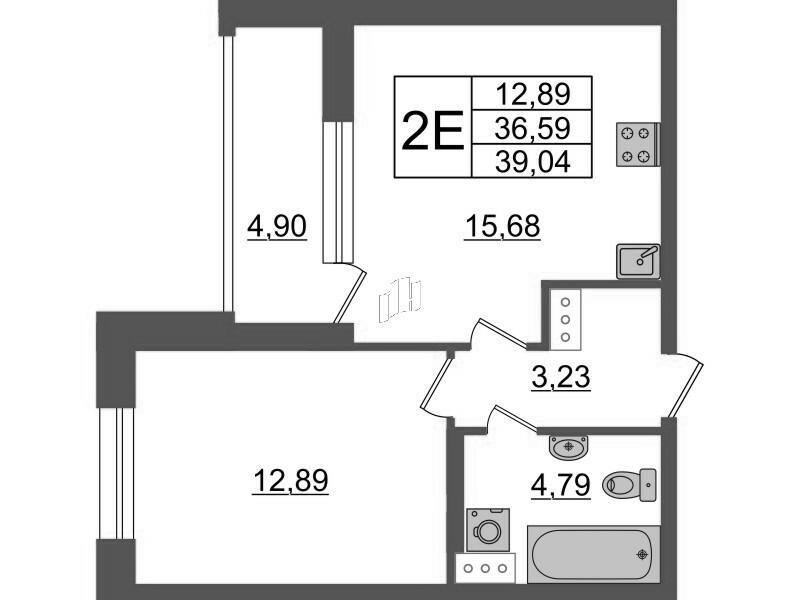 2-комнатная (Евро) квартира, 39.04 м² - планировка, фото №1
