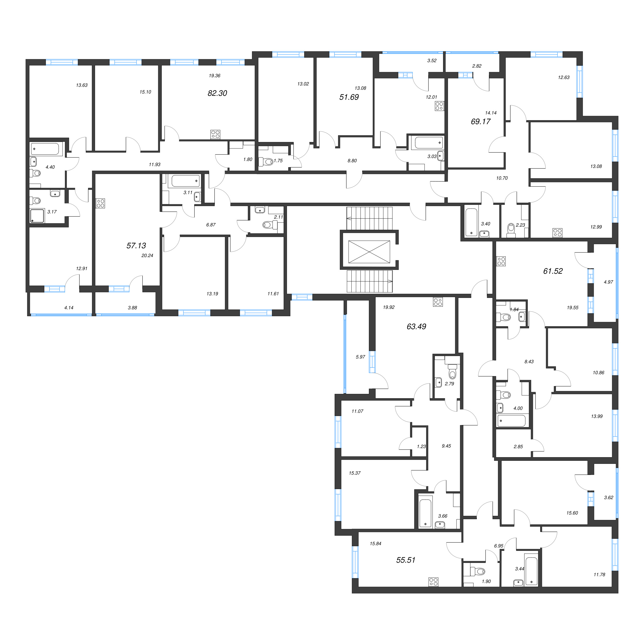 3-комнатная (Евро) квартира, 57.13 м² - планировка этажа