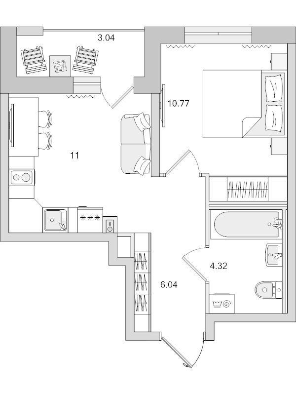 1-комнатная квартира, 32.13 м² - планировка, фото №1
