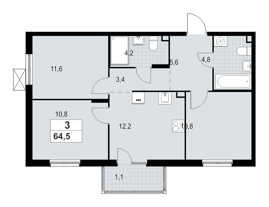 3-комнатная квартира, 64.48 м² - планировка, фото №1