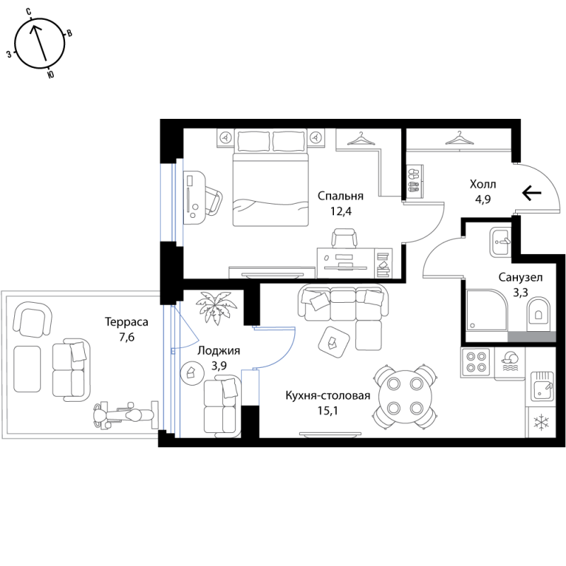 2-комнатная (Евро) квартира, 40 м² - планировка, фото №1