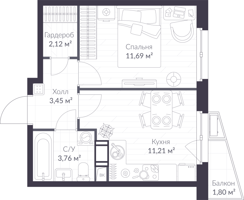 1-комнатная квартира, 32.77 м² в ЖК "VEREN NORT сертолово" - планировка, фото №1