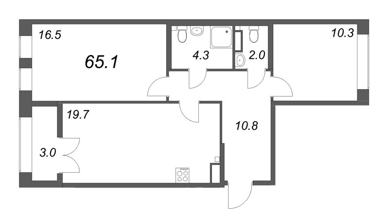 3-комнатная (Евро) квартира, 65 м² в ЖК "NewПитер 2.0" - планировка, фото №1