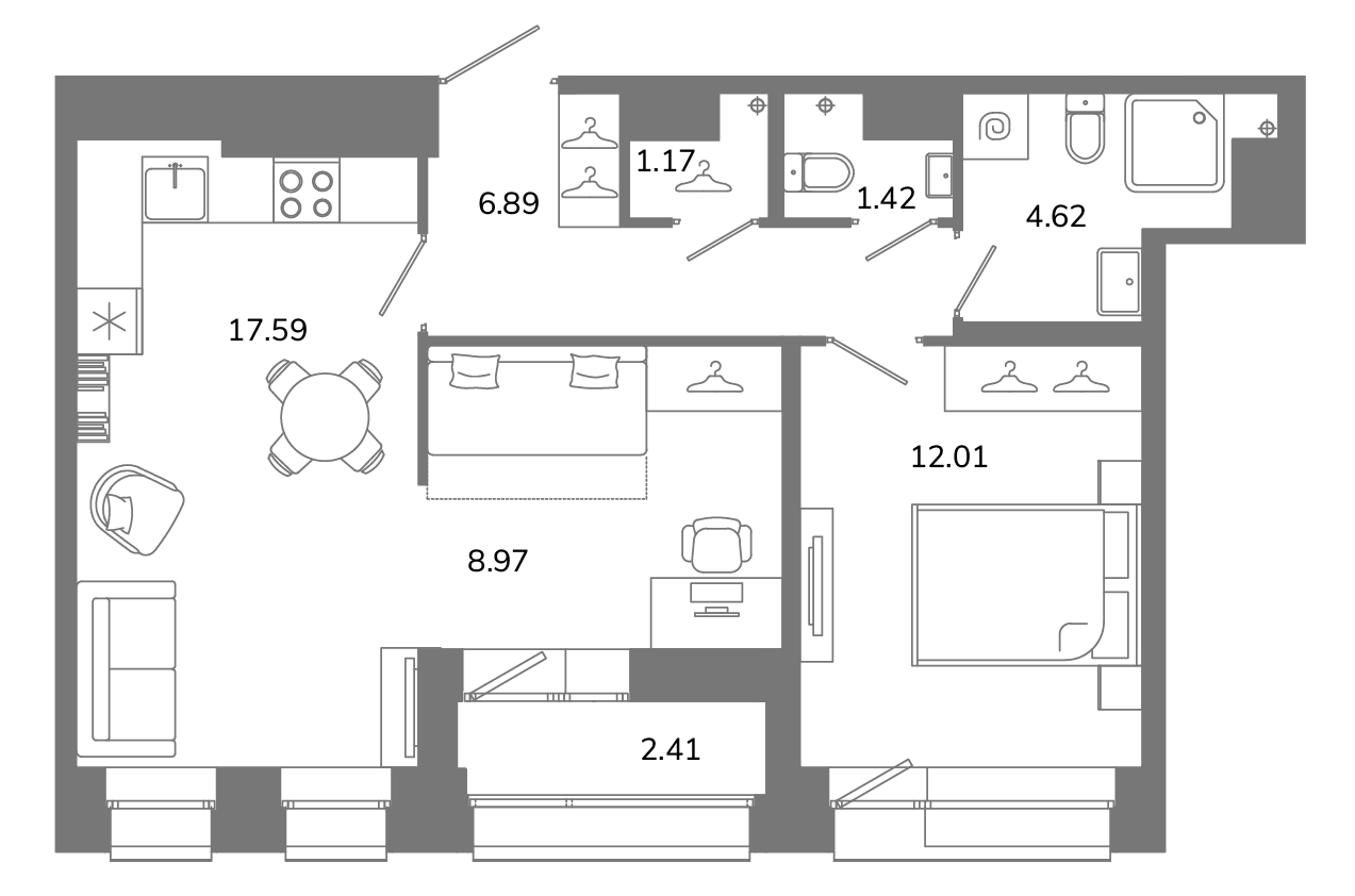 3-комнатная (Евро) квартира, 53.87 м² в ЖК "Твой космос" - планировка, фото №1