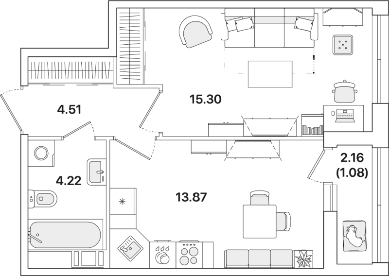 1-комнатная квартира, 38.98 м² - планировка, фото №1