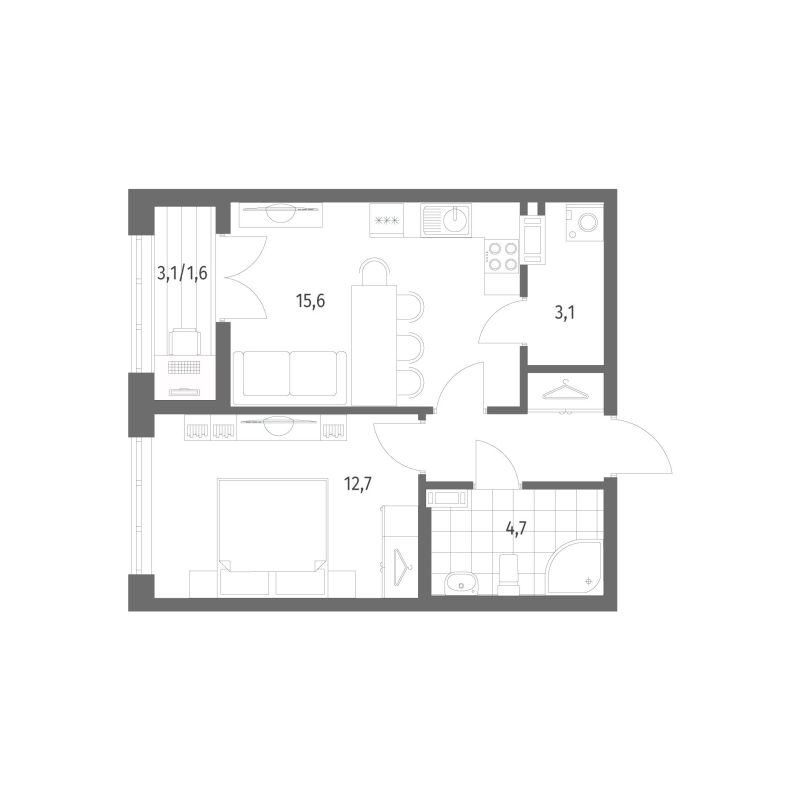 2-комнатная (Евро) квартира, 41.8 м² в ЖК "Новый Питер" - планировка, фото №1