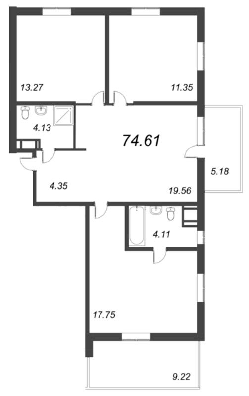 4-комнатная (Евро) квартира, 89.01 м² - планировка, фото №1