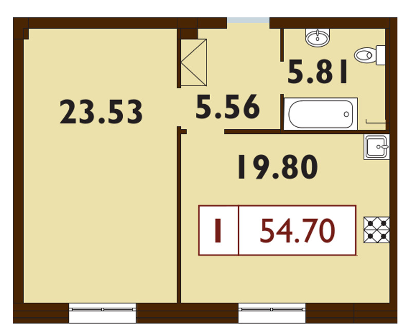 2-комнатная (Евро) квартира, 54.4 м² - планировка, фото №1