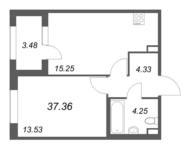 2-комнатная (Евро) квартира, 37.36 м² в ЖК "Дубровский" - планировка, фото №1