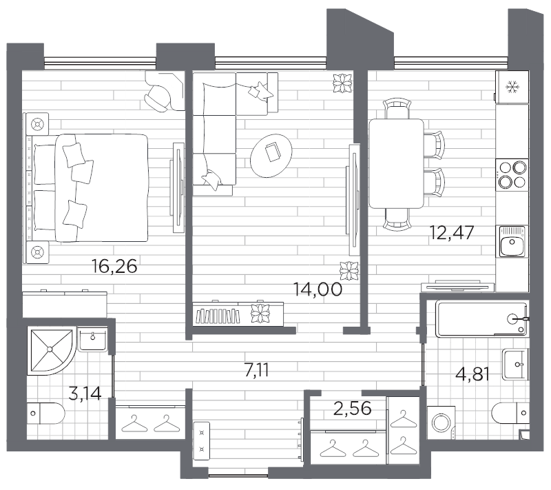 2-комнатная квартира, 60.35 м² в ЖК "Галерная гавань" - планировка, фото №1