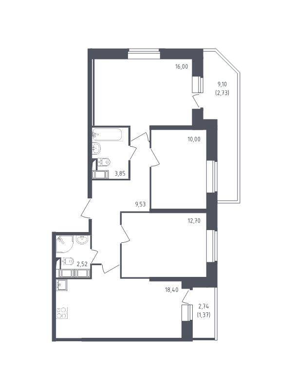 4-комнатная (Евро) квартира, 77.1 м² - планировка, фото №1