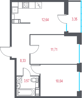 2-комнатная квартира, 47.97 м² - планировка, фото №1