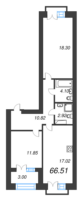 3-комнатная (Евро) квартира, 66.51 м² в ЖК "Наука" - планировка, фото №1