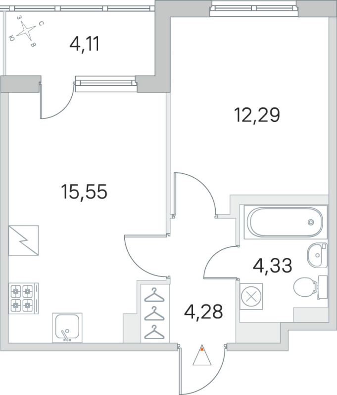 2-комнатная (Евро) квартира, 36.45 м² - планировка, фото №1