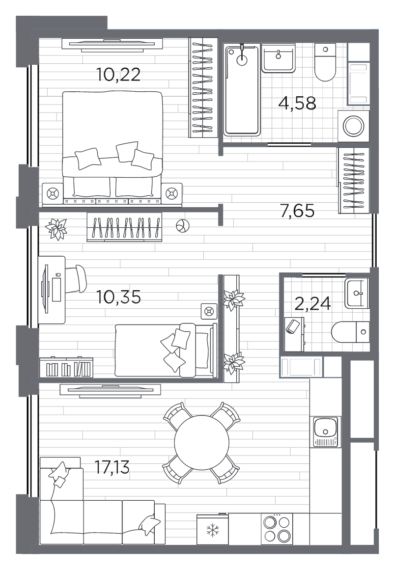 3-комнатная (Евро) квартира, 52.17 м² - планировка, фото №1