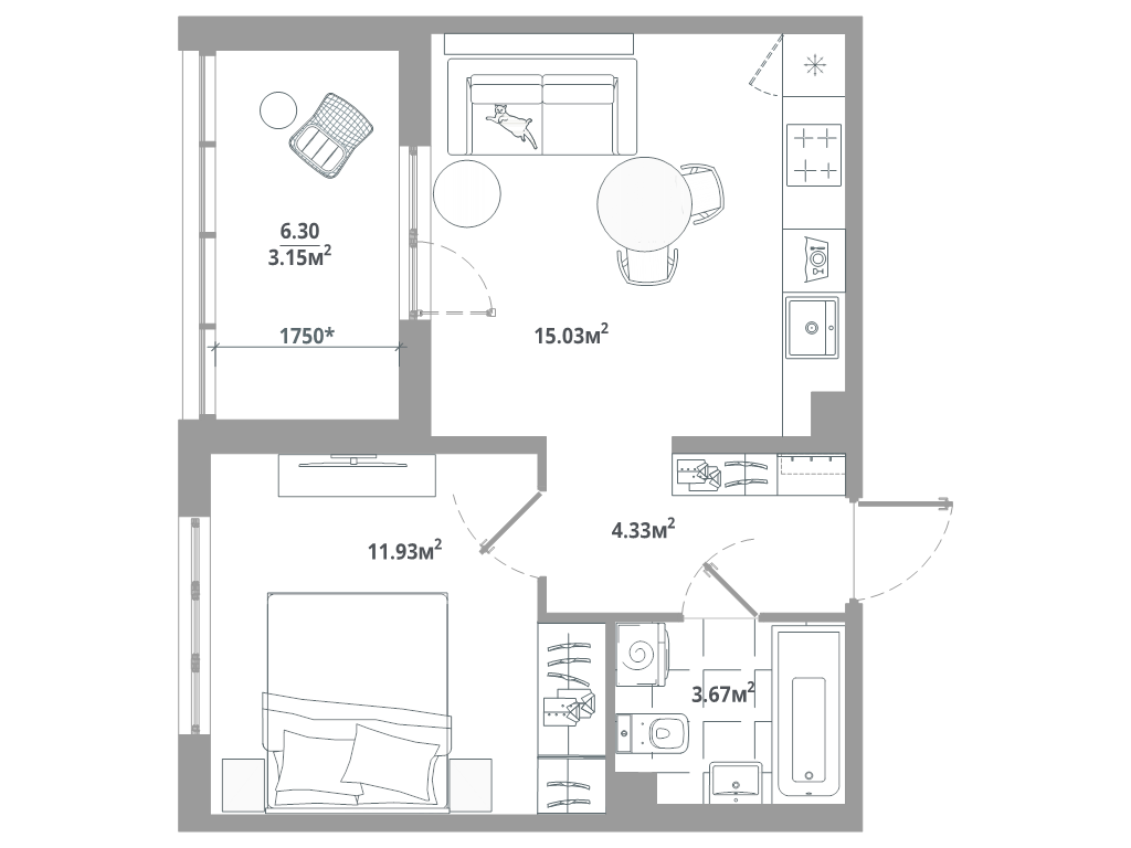 2-комнатная (Евро) квартира, 38.11 м² - планировка, фото №1
