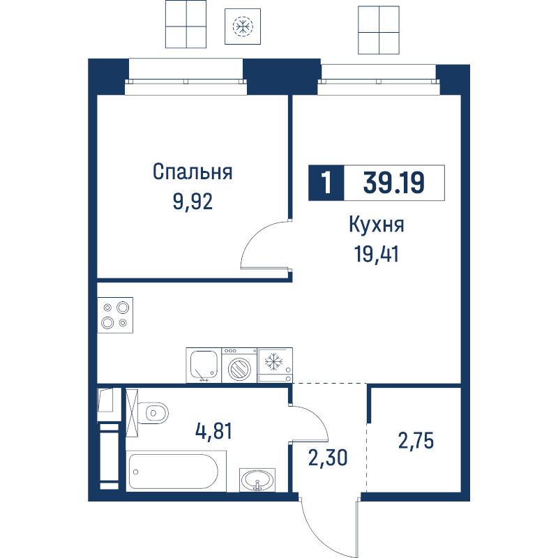 2-комнатная (Евро) квартира, 39.19 м² в ЖК "Символист" - планировка, фото №1