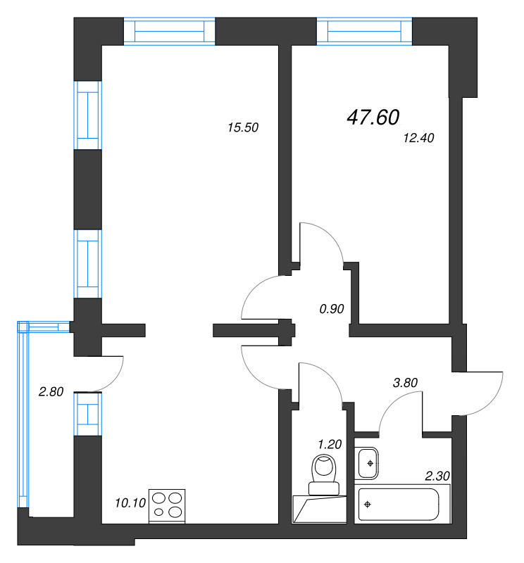2-комнатная квартира, 47.6 м² - планировка, фото №1