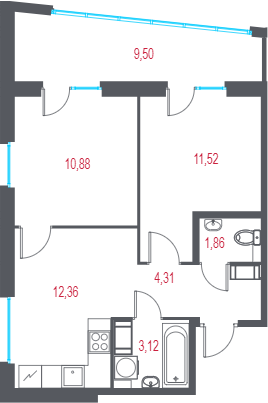 2-комнатная квартира, 46.9 м² в ЖК "Город-спутник Южный" - планировка, фото №1