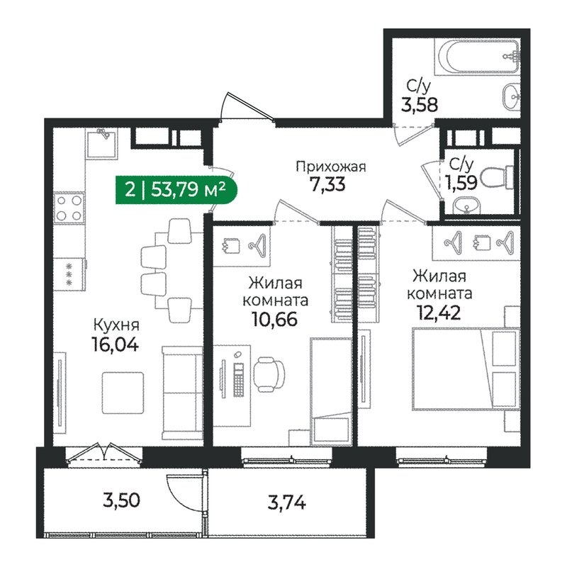3-комнатная (Евро) квартира, 53.79 м² в ЖК "Сертолово Парк" - планировка, фото №1