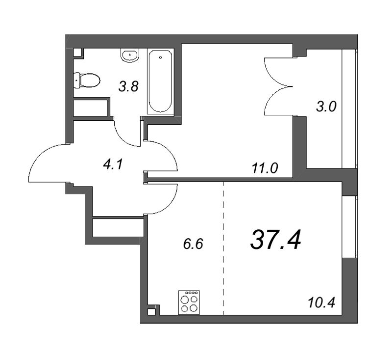 2-комнатная (Евро) квартира, 37.4 м² в ЖК "Цивилизация на Неве" - планировка, фото №1